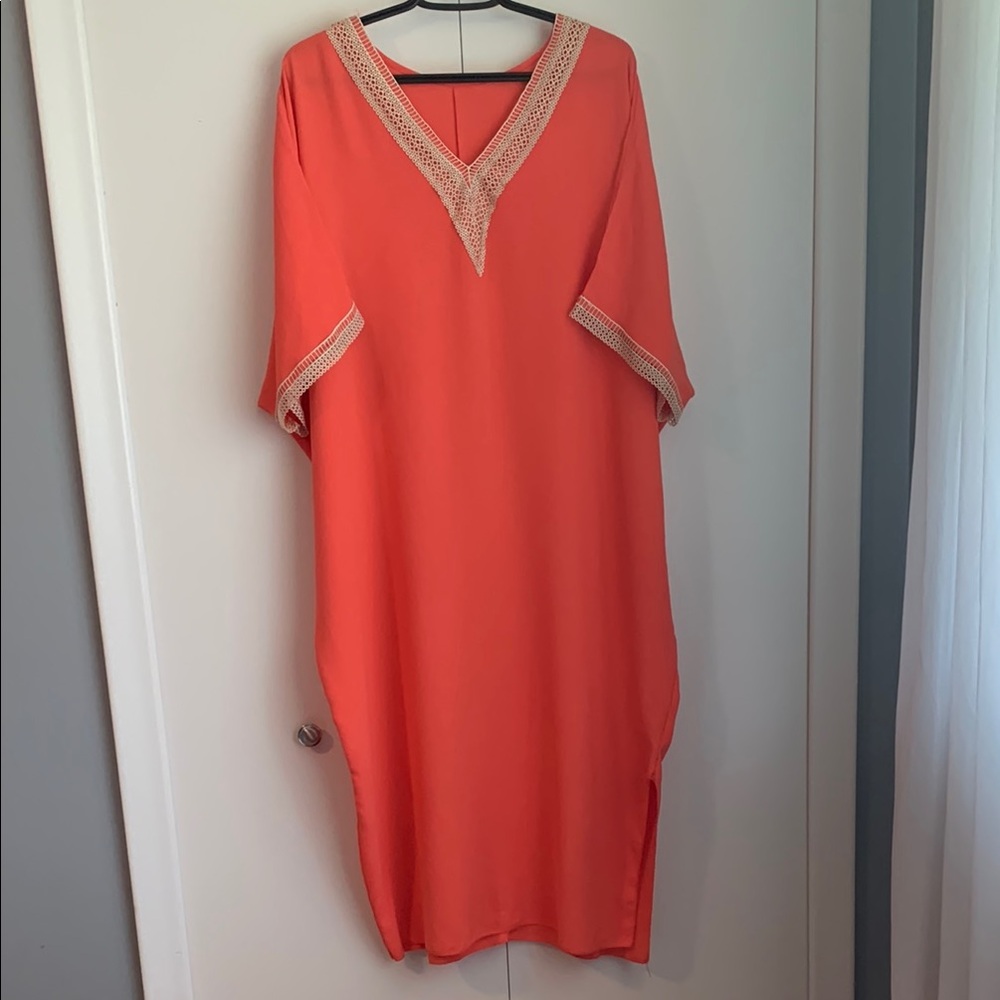 Metallic Beige & Coral Lace Kaftan Dress Size Large